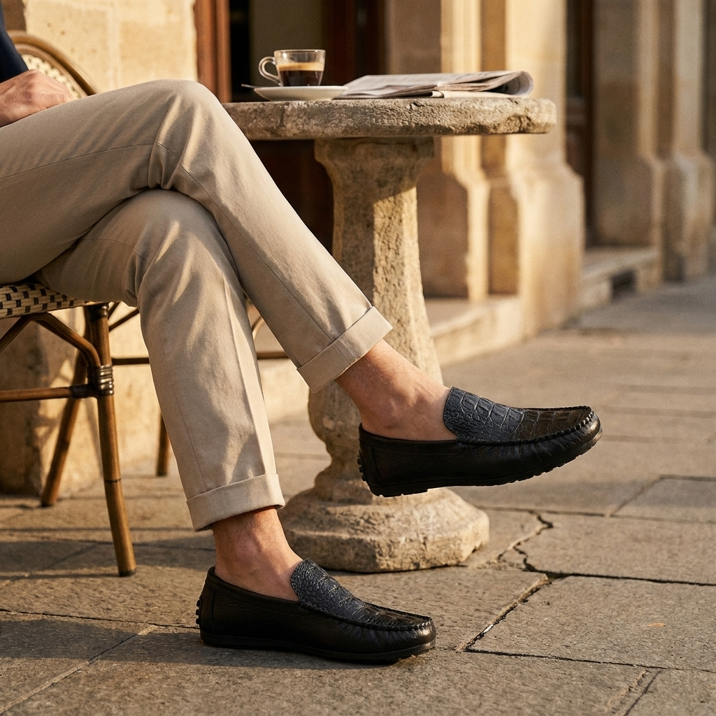 Charcoal suede loafer shoe lifestyle scene worn at cafe terrace showing casual everyday use